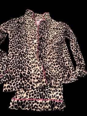 Bed Head Leopard Print Womens Pajama Set S Cotton Lycra Button-Up Top wide leg
